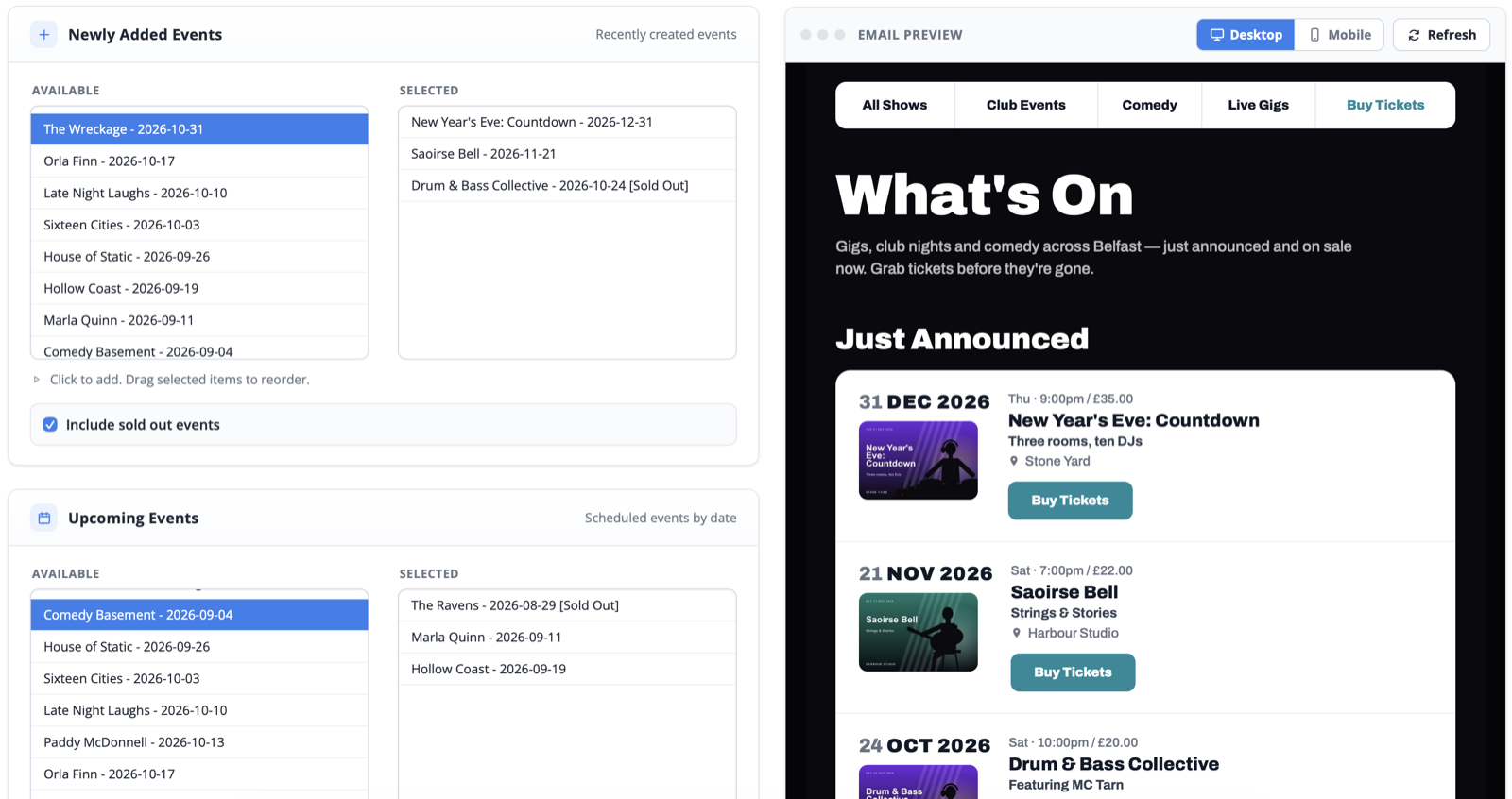 Choosing shows in the VenueCloud campaign builder, with a live email preview alongside